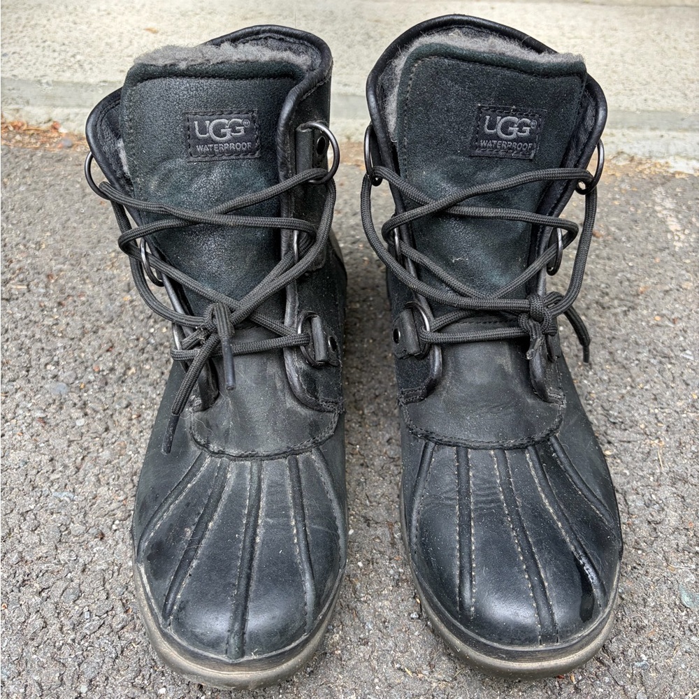 UGG Black Waterproof Leather Lace-Up Cold Weather Boots